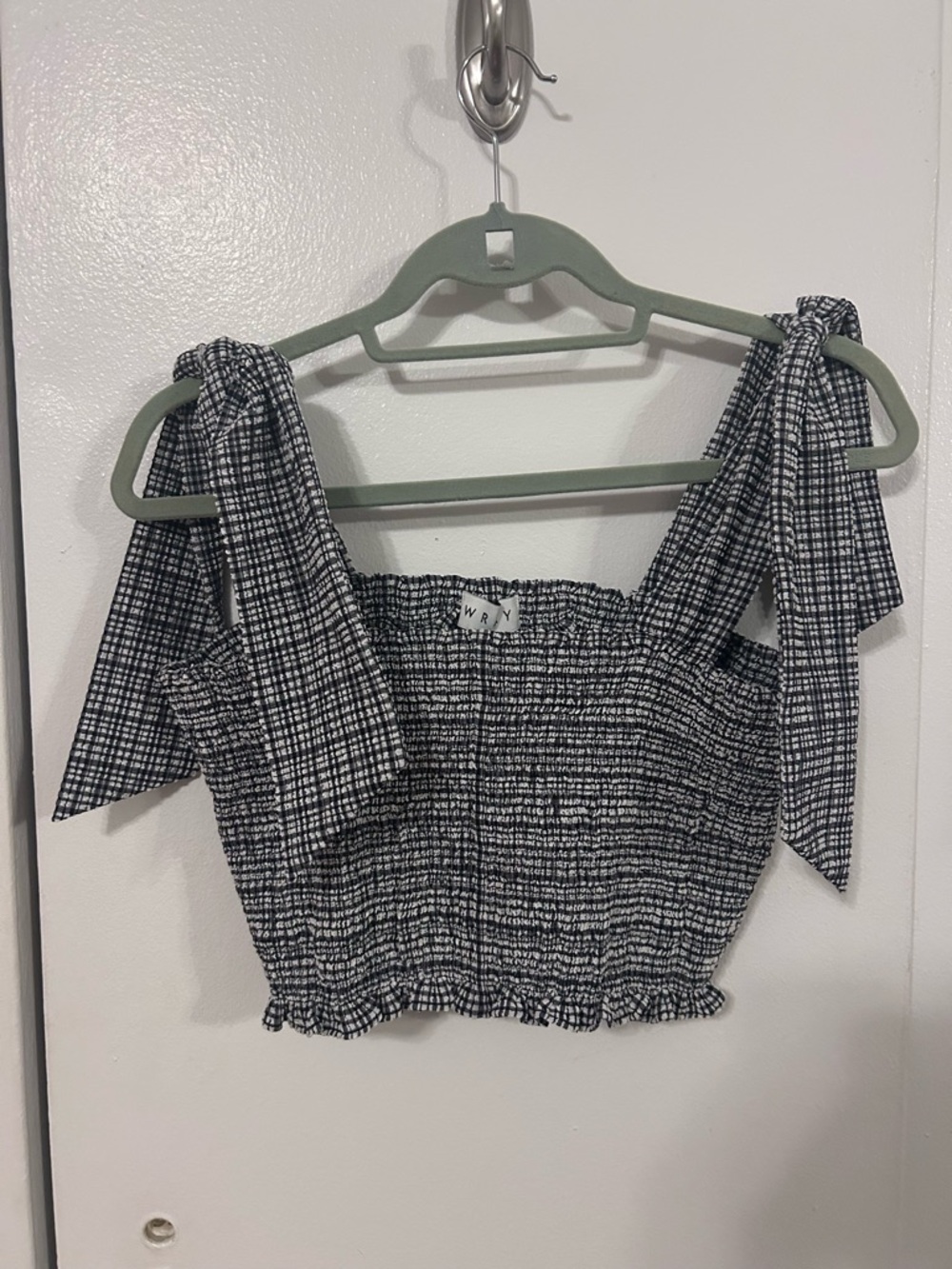 Black & White Tie-Shoulder Smocked Crop Top